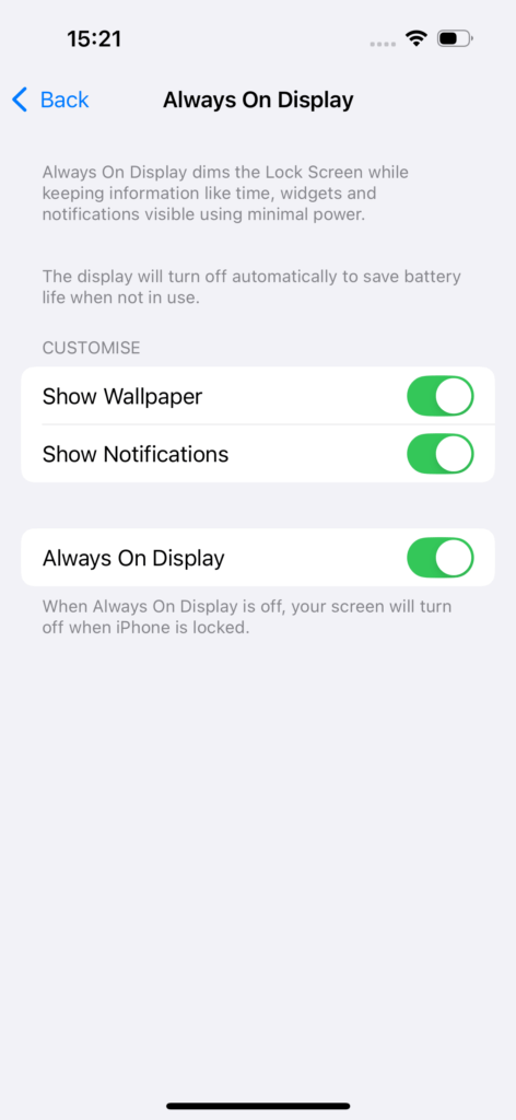 iPhone 16 Pro Max Always-On Display settings customization screen.