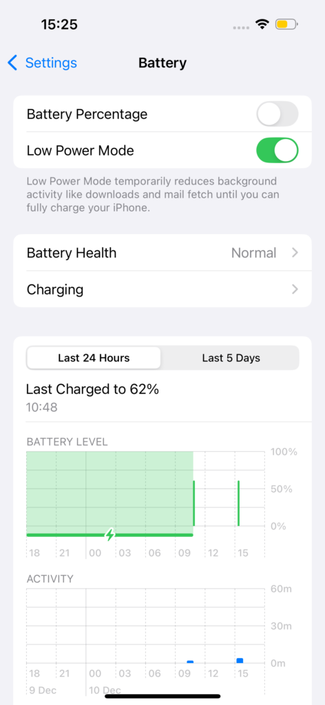 iPhone 16 Pro Max Low Power Mode toggle enabled in battery settings.